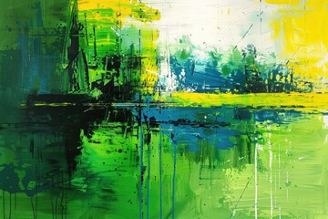 A serene painting of a peaceful green and yellow landscape. Perfect for nature lovers and interior design projects