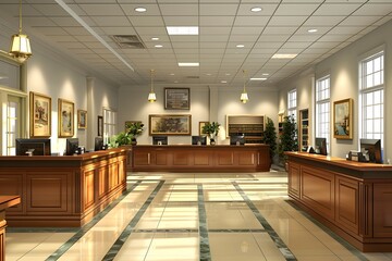 A large lobby with a check - in desk and a large window