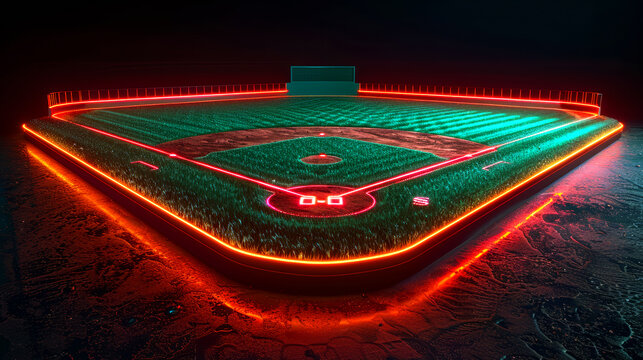 Glowing neon baseball 3d field on black background, online tournament concept