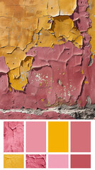 A color palette inspired by the Wabi Sabi style, featuring fuchsia rose, mustard yellow, cracked concrete, and velvet tones. This palette reflects the beauty of imperfection and transience, capturing 