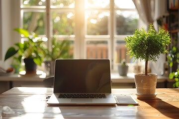 A laptop computer on wooden table near a window