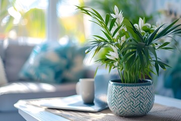 A plant in a pot beside a cup on a table