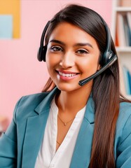Portrait of Indian female telemarketer gives support consultant services. A female telemarketer gives support consultant services.