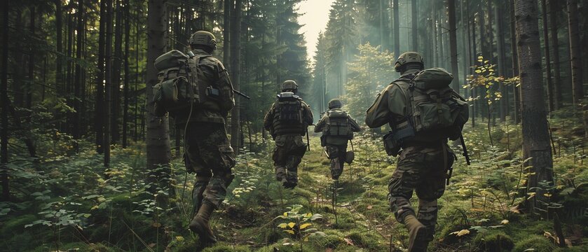 Low angle footage of five soldiers in camouflage engaged in a reconnaissance mission through dense woodland, Rifles ready.