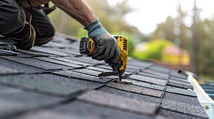 Mounting fresh tar tiles onto rooftop using pneumatic air nailer.