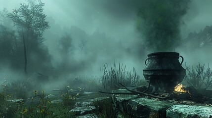 Visualize a secluded forest clearing at night where a cauldron sits on a crude stone hearth, brewing a mysterious potion.