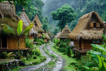 Many thatched houses surrounded by trees in a woodland