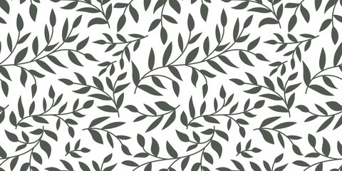 Silhouette of twig with leaves. Vector seamless pattern with hand drawn branches isolated on white background.