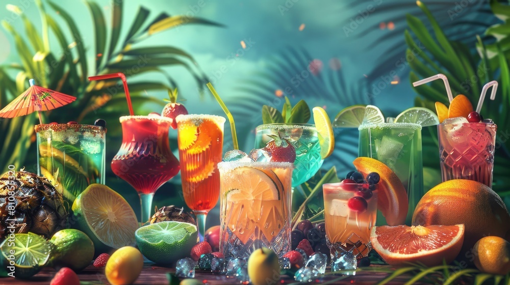 Poster a variety of drinks displayed on a table, suitable for beverage concepts