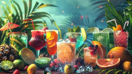 Fototapeta premium A variety of drinks displayed on a table, suitable for beverage concepts