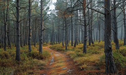 A straight trail through a young forest