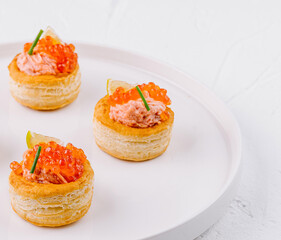 Elegant salmon tartare appetizers on white plate