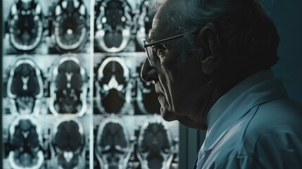 The doctor is carefully analyzing the fuzzy image of a tumor or cancer on the X ray of the patient s brain to prepare for the necessary surgery or treatment
