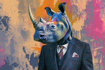 A man wearing a suit and a rhino mask. Perfect for costume parties or themed events