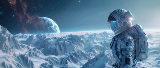 Fototapeta premium A shot showing the brave astronaut in the space suit looking around the blue and cold alien planet. Advanced technologies, space travel, colonization.