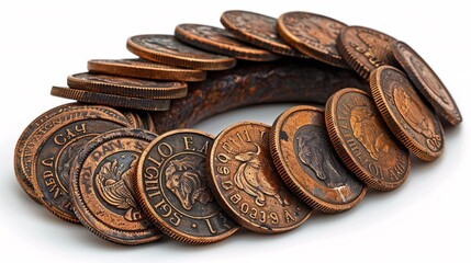 Vintage horseshoe and international coins on a blank canvas.