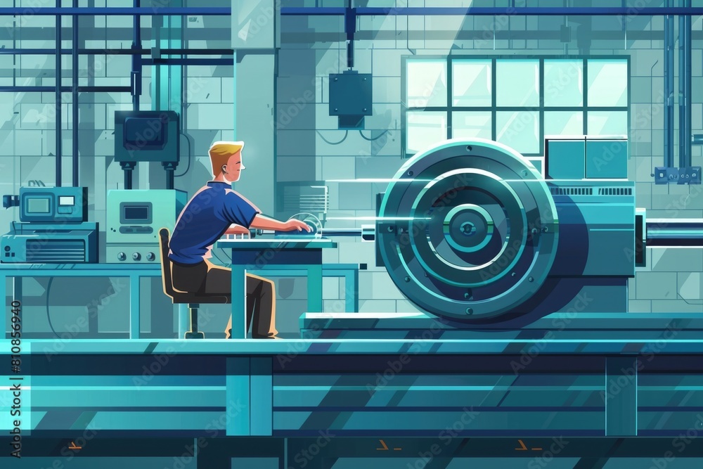 Poster a man sitting at a desk working on a laptop. ideal for business and technology concepts