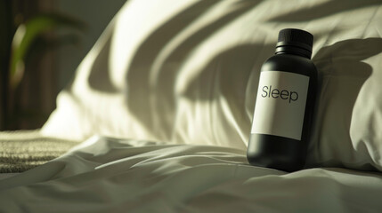 Sleep Aid Supplement Bottle on Cozy Bedroom Setting