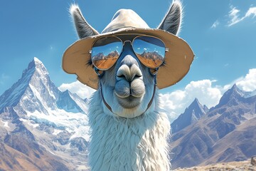 Obraz premium A llama wearing sunglasses and hat 