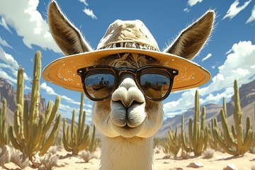 Obraz premium A llama wearing sunglasses and hat in the desert of copacabana chile
