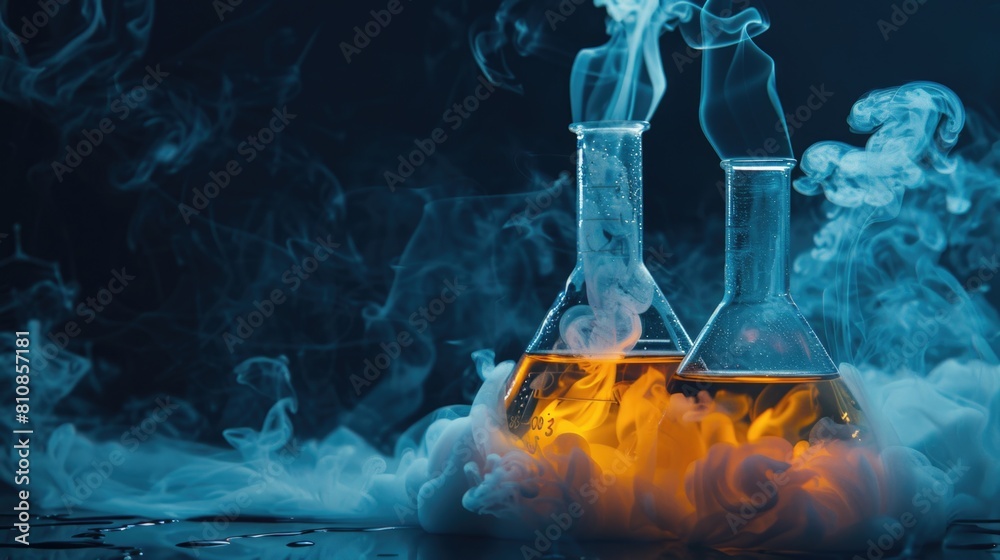 Poster laboratory flasks with smoke rising, suitable for science and research concepts
