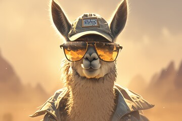 Obraz premium A llama wearing sunglasses and hat, standing in the Andes desert