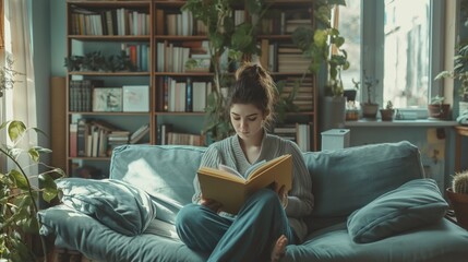 Concept of Good Enough. Young Woman Reading in a Cozy, Book-Filled Nook