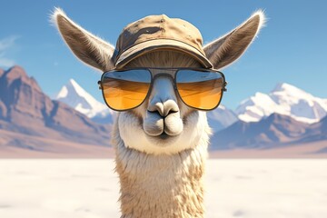 Obraz premium A llama wearing sunglasses and hat, standing in the Andes desert