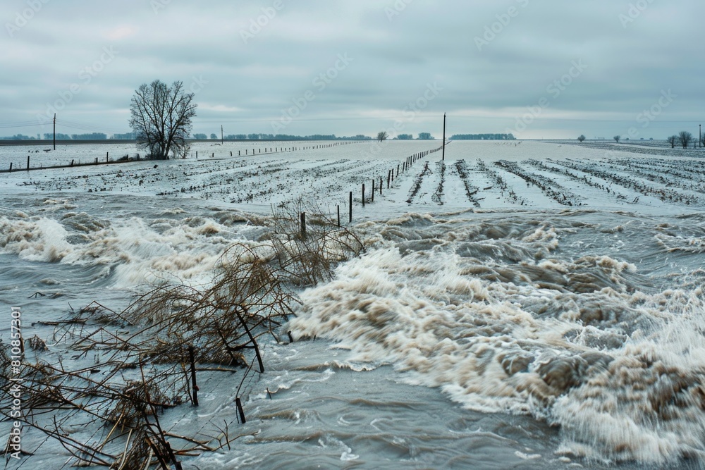 Poster a flooded field with water flowing out