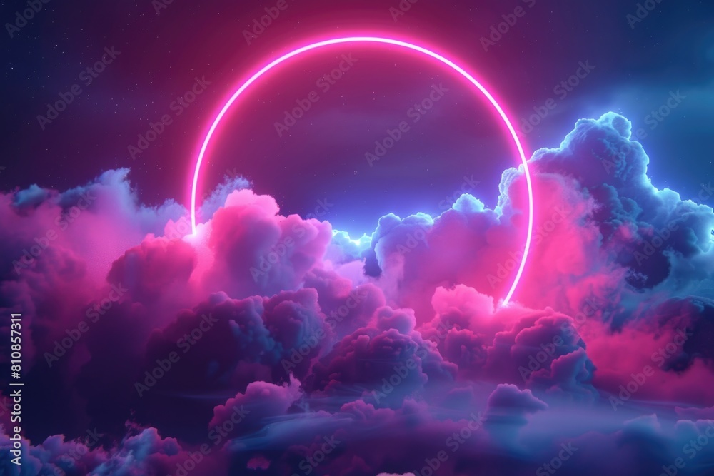 Aufkleber a neon circle in the sky surrounded by clouds. perfect for futuristic and abstract concepts