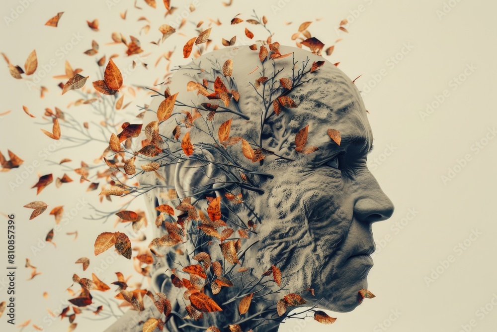 Poster unique statue of a man with a tree growing out of his head. suitable for environmental or surreal co