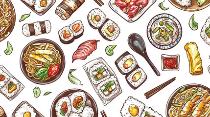 Asian cuisine hand drawn vector seamless pattern. Rea