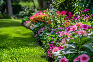 Naklejka premium A close up of a garden with a lawn and flowers