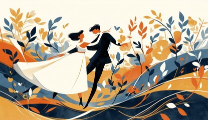 A man and woman dancing in the style of art deco, in the style of cubism, and with angular shapes. 