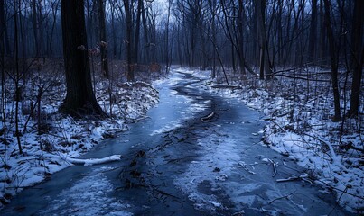 A thin frozen creek winds into a dark forest