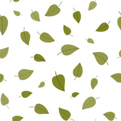 Summer plant vector illustration. Monochrome green seamless pattern. Many birch green leaves on white background. Soft nature colours. Background decorative elements for design projects