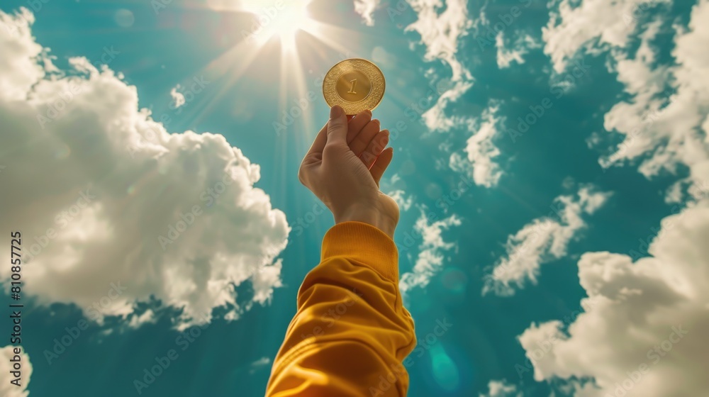 Poster a person holding up a gold coin with the sky in the background. suitable for financial concepts