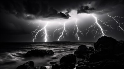 Dramatic Monochrome Seascape Depicting Intense Lightning Storm Over Ocean