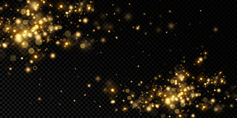 Gold sparks and golden stars glitter special light effect. Vector sparkles on transparent background. Christmas abstract. dust	