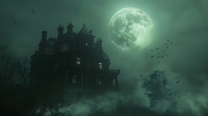 An atmospheric silhouette of an eerie haunted house against a bright full moon, with bats silhouetted as they fly past.
