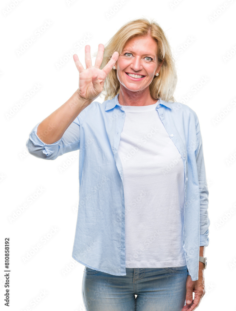 Sticker Middle age blonde woman over isolated background showing and pointing up with fingers number four while smiling confident and happy.