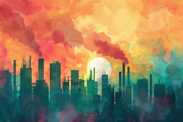 The colorful watercolor painting of a cityscape with the sun setting over the buildings.