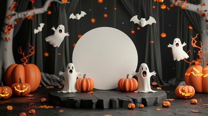 Halloween background with a full moon, bats, ghosts, and pumpkins., copy space for text in the circle