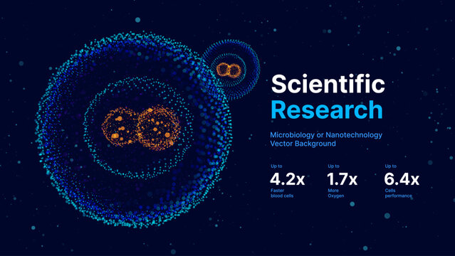 Biology Cell Stem Scientific Medical Research Background. Science Blue Cells Backdrop with Depth of Field Blur Particles Effect. Futuristic Plant Microbiology. Blue Virus Cells Vector Illustration.