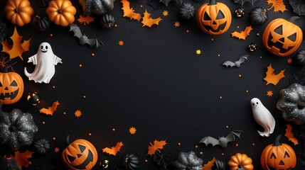 Black Halloween background with pumpkins, bats and ghosts.