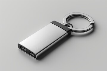 Blank metal keychain mockup light gray background.