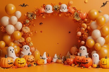 Halloween backdrop with pumpkins, ghosts copyspace for text, background