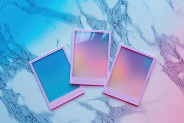 Three polaroid frames on a sleek marble surface. Ideal for branding and design mockups