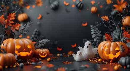 Halloween pumpkins and ghosts on a dark background, copy space for text