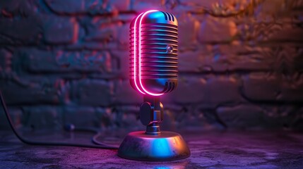 A retro microphone with neon lights on it.